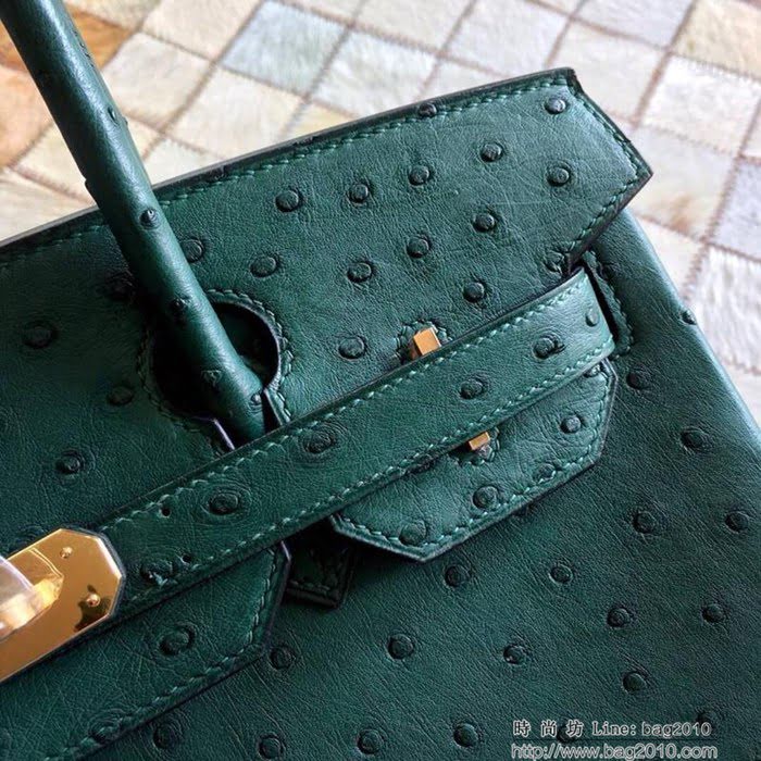 HERMES愛馬仕 鉑金包 Birkin 30 南非原產KK級鴕鳥皮 頂級工藝 叢林綠 手縫蠟線 手提包  Ama1236
